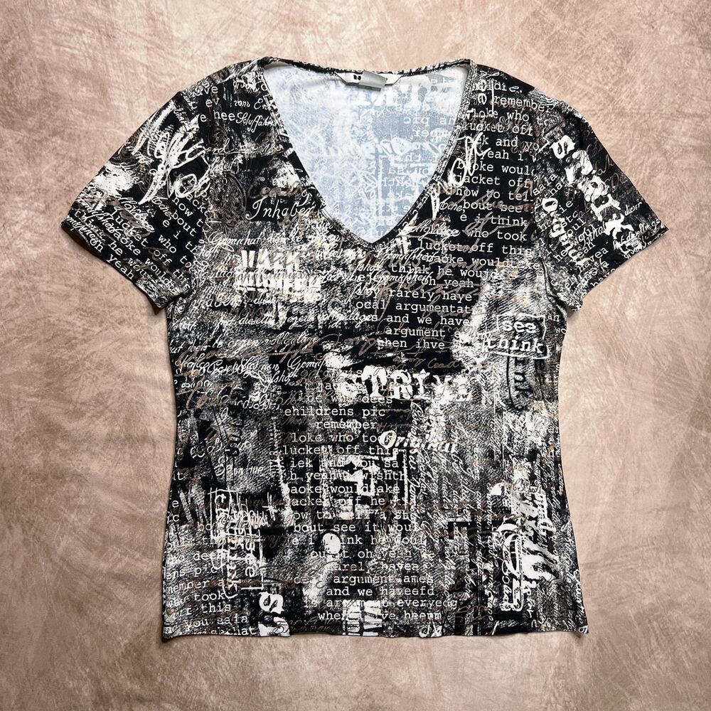 Vintage 90s Nygard Abstract Text Print T-Shirt Black & White V Neck Cap Sleeve